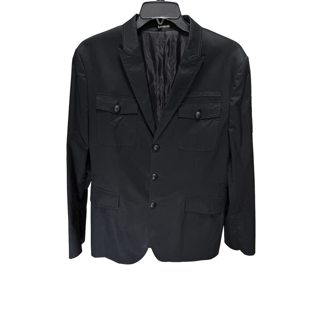 Express Blazer Mens 44R Black Extra Slim Military Utility‎ Star Detail Jacket